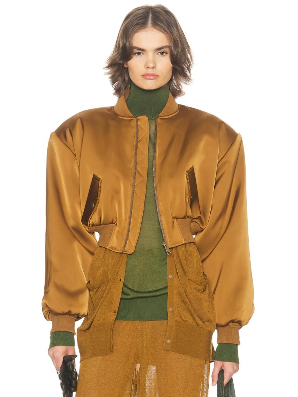 Helsa The Satin Puff Bomber in Dijon Mustard Yellow Cropped Crop Jacket Coat